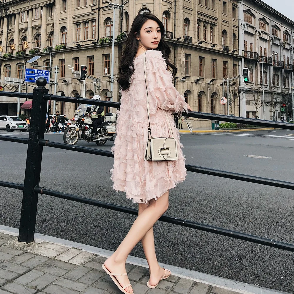 

France Small zhong kuan GIRL'S Dress 2019 Summer New Style WOMEN'S Dress French Retro CHIC-Style Tassels Feather Dress