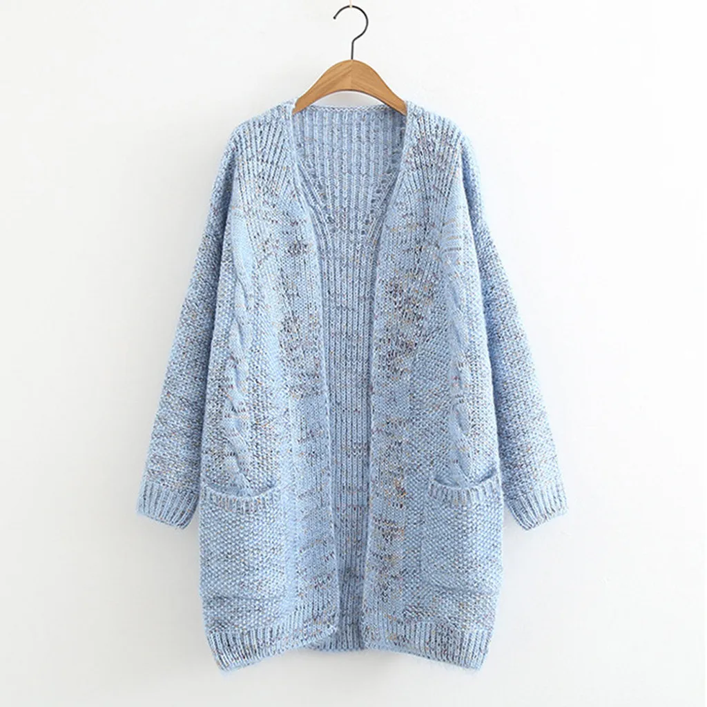 

Womens cardigan sweater winter long-sleeved solid color opening front open pockets large size knit MS casual with sweater coat
