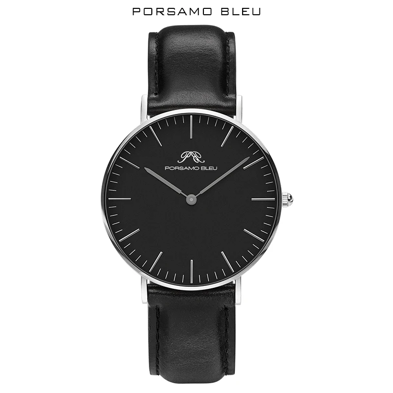 PORSAMO BLEU высококачественные женские часы черные с кожаным ремешком кварцевые часы из нержавеющей стали часы для женщин часы онлайн - Цвет: Black silver black