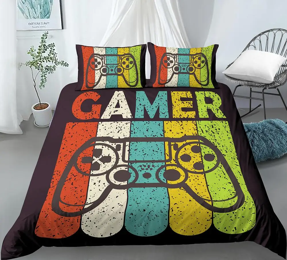 Boys Gamepad Comforter Cover Twin Size No Comforter ,Play Gamer Bedding Set Kids Young Man Video Games Duvet Cover for Teen Child Game Room Decor Black Classic Retro Gaming Quilt Cover with Controller