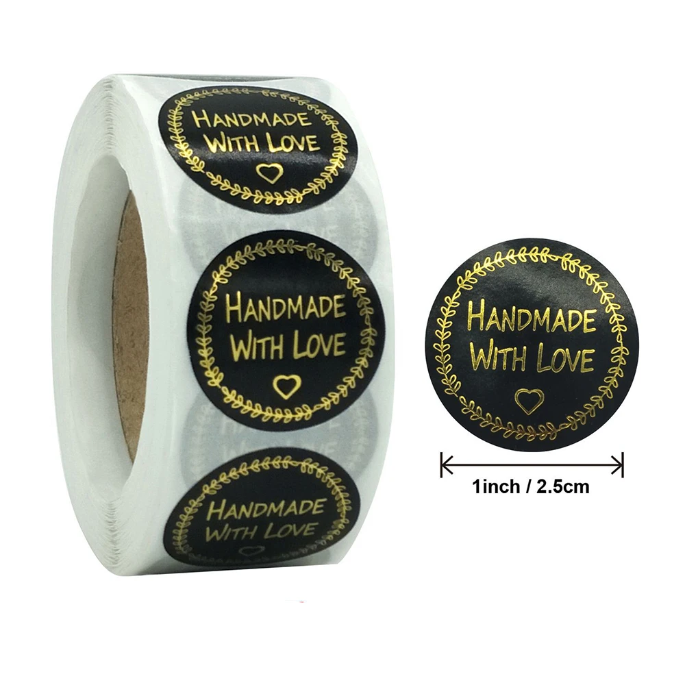 

500pcs/roll 1inch Black With Gold Foil Handmade With Love Stickers for Party Gift Decoration Envelope Package Sealing Sticker