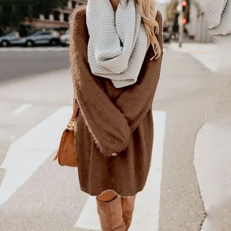 only dress-brown Новое осенне-зимнее платье-свитер для женщин с круглым вырезом и длинным рукавом, плотное вязаное мини-платье трапециевидной формы, женское облегающее платье для девочек, платье для беременных - Цвет: only dress-brown