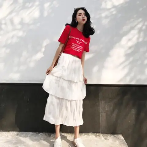 Hot Spring Winter Maxi Ball Gown Skirt Women High Waist Skirts Ruffles Sweet Girl Femme Office White Skirt DJ312