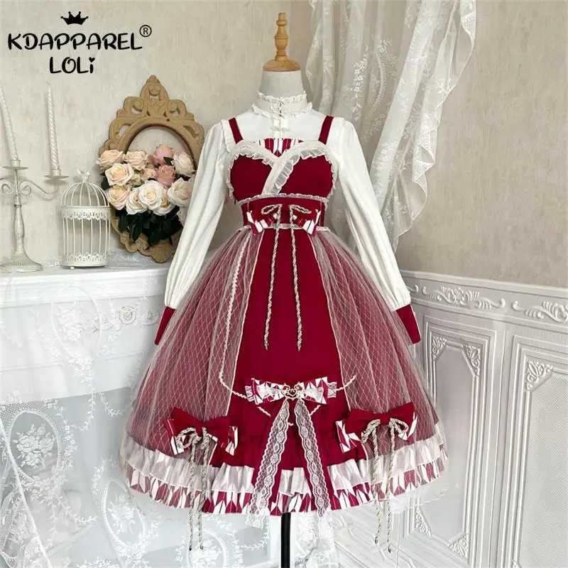 

Sweet Women Lolita Sleeveless Sling Dress Lace Ruffles Bowknots Chinese Elements Cute Teens Girls Birthday Party Cosplay Costume