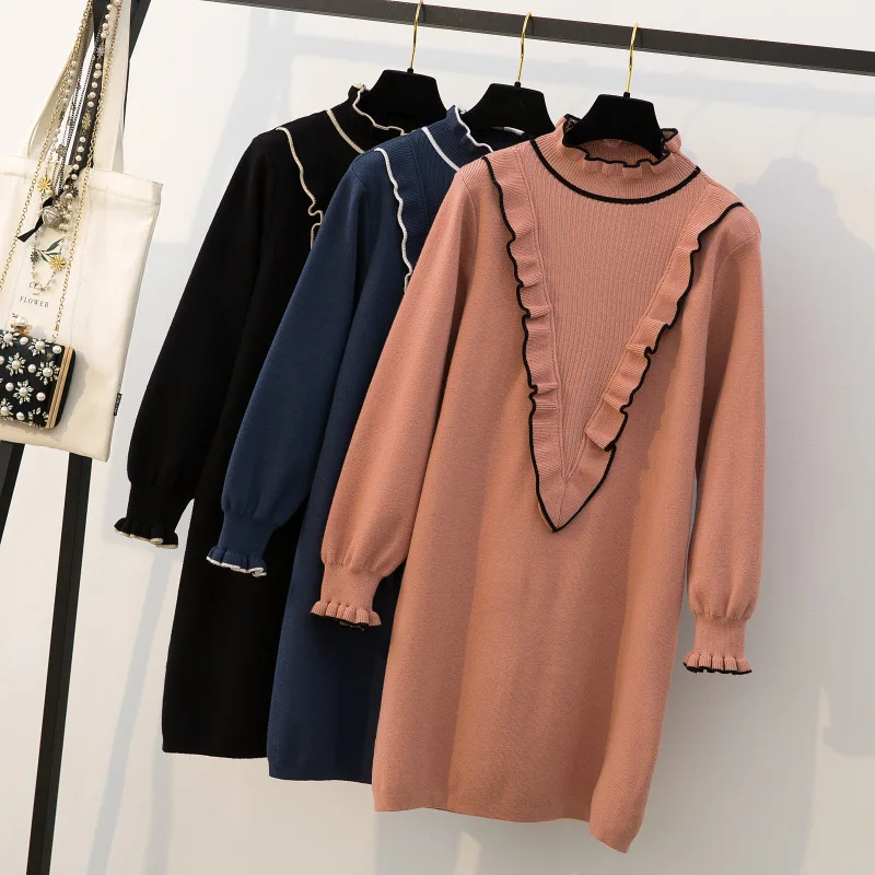 

Large Size Dress Large GIRL'S Elegant Long Sleeve Mock-Neck Frilled Sweater Knit Base Skirt Slim Fit Slimming