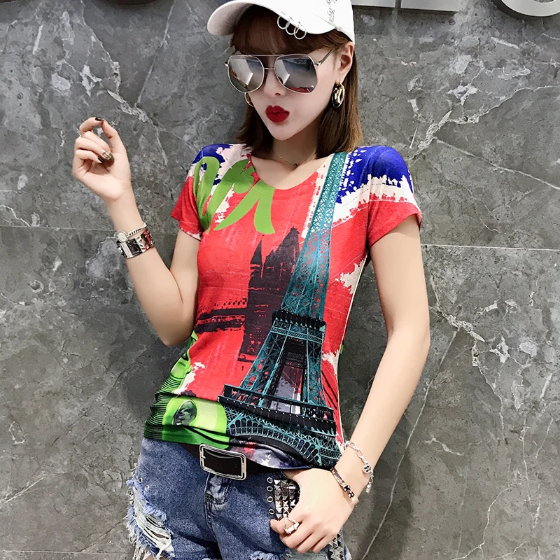 

2019 Summer New Fashion Iron Tower Printing T Shirt Women Short Sleeve Slim Thin Personality All-match Round Neck Tops Casual