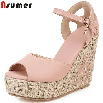 

ASUMER 2020 big size 33-46 women sandals pu peep toe buckle wedges platform sandals elegant party wedding shoes ladies pink