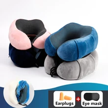 Oreiller de voyage en mousse à mémoire de forme en U, pour voiture, avion, Massage du cou, en coton, couleur unie, masque pour les yeux et bouchons d'oreilles gratuits 