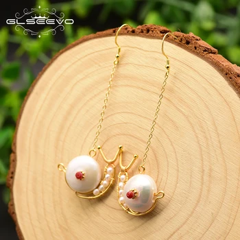 

GLSEEVO Inset Snails Cute Drop Earrings For Women Birthday Gift Fresh Water Pearl Earrings Fine Jewelry Aretes De Mujer GE0803