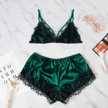 

Pajamas Set Lace Splice Camisole Bra Lingerie Women Set Backless Pajamas Satin Shorts Sexy Underwear S-2XL атласная пижама