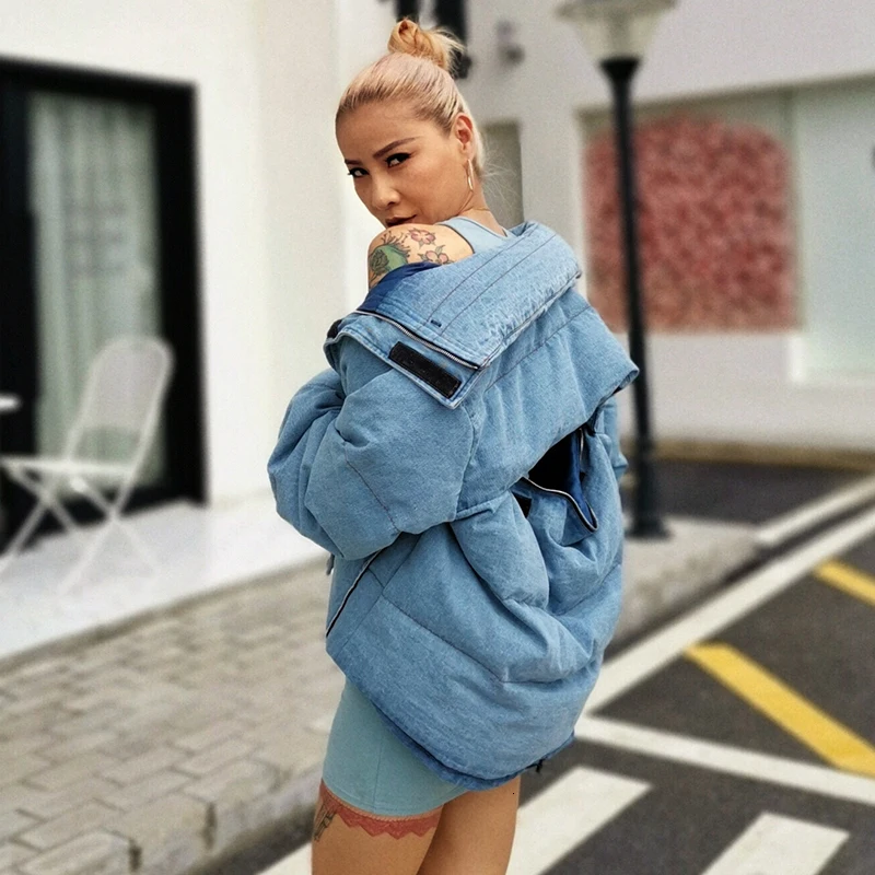 TWOTWINSTYLE повседневное синее открытое хлопковое пальто для женщин воротник с лацканами длинный рукав теплые толстые осенние парки Женская мода