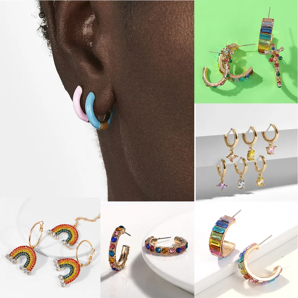 

SEDmart CZ Rainbow C Shape Ear Cuff Stud Earings for Women Men Bohemian Copper Coulorful Pearl Small Hoop Ethnic Trendy Jewelry