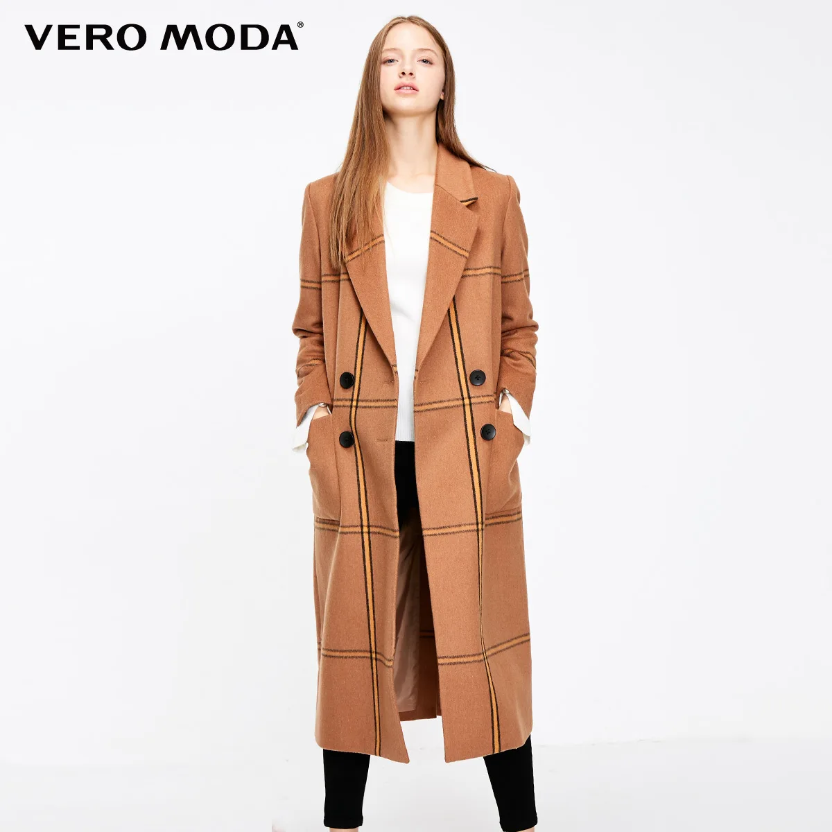 Vero Moda Женское зимнее шерстяное пальто средней длины в клетку | 318327513 - Цвет: Caramel camel