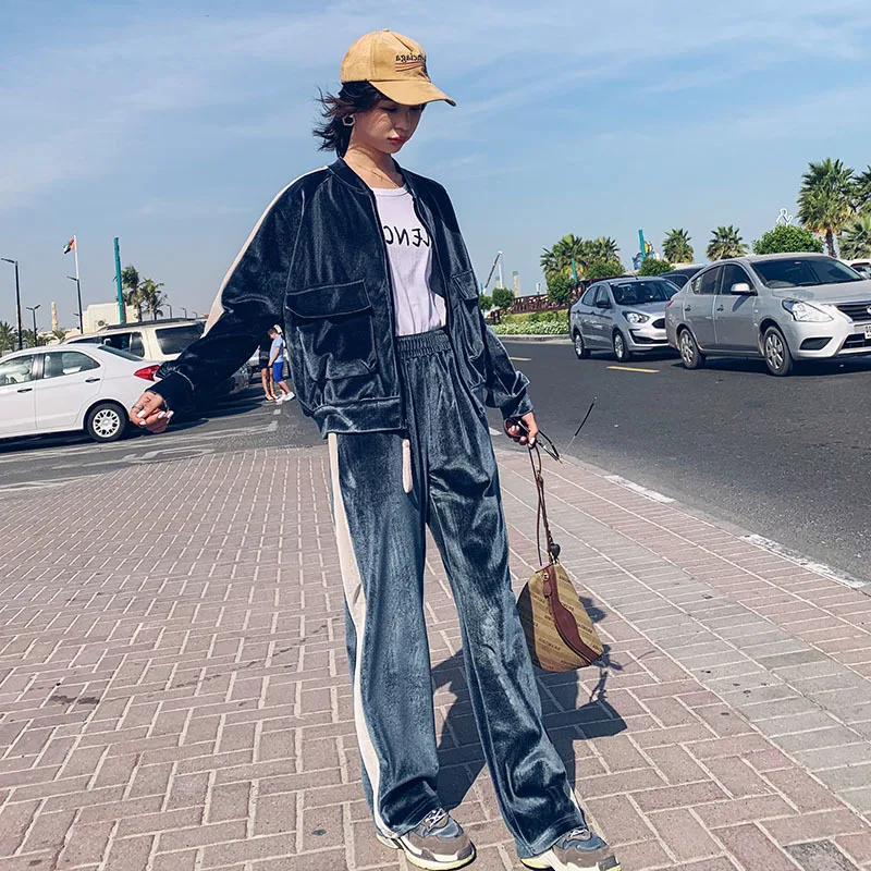 

Sports Set Student Western Style Online Celebrity Two-Piece Set Loose Spring And Autumn Gold Velvet Casual Spring Set-Style Fash