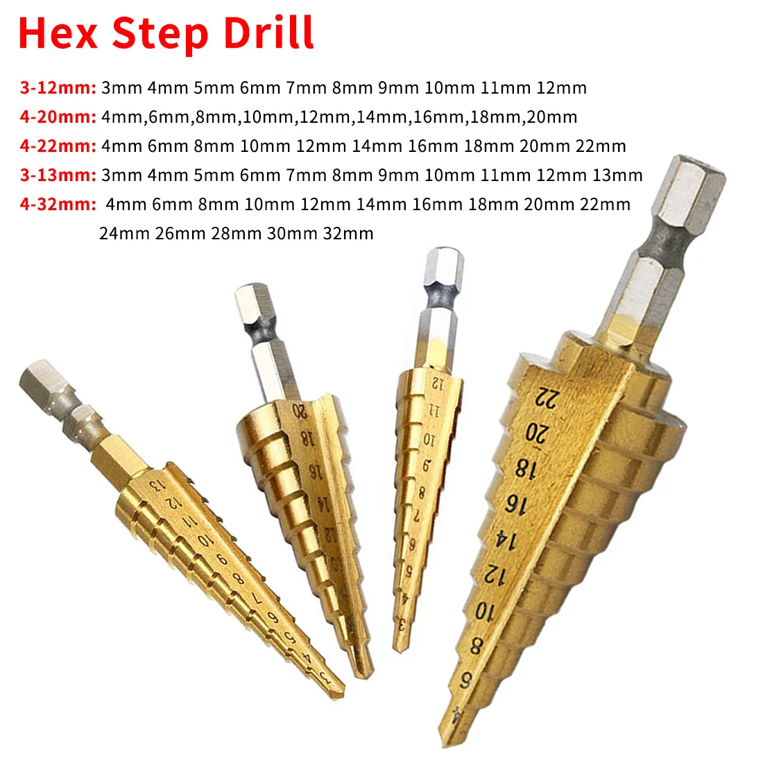 HSS 4241 3-12mm/13mm 4-20mm/22mm/32mm Hex Shank Tapered Titanium Step Stepped Cone Drill Bit Metal Hole Cutter Power Tools