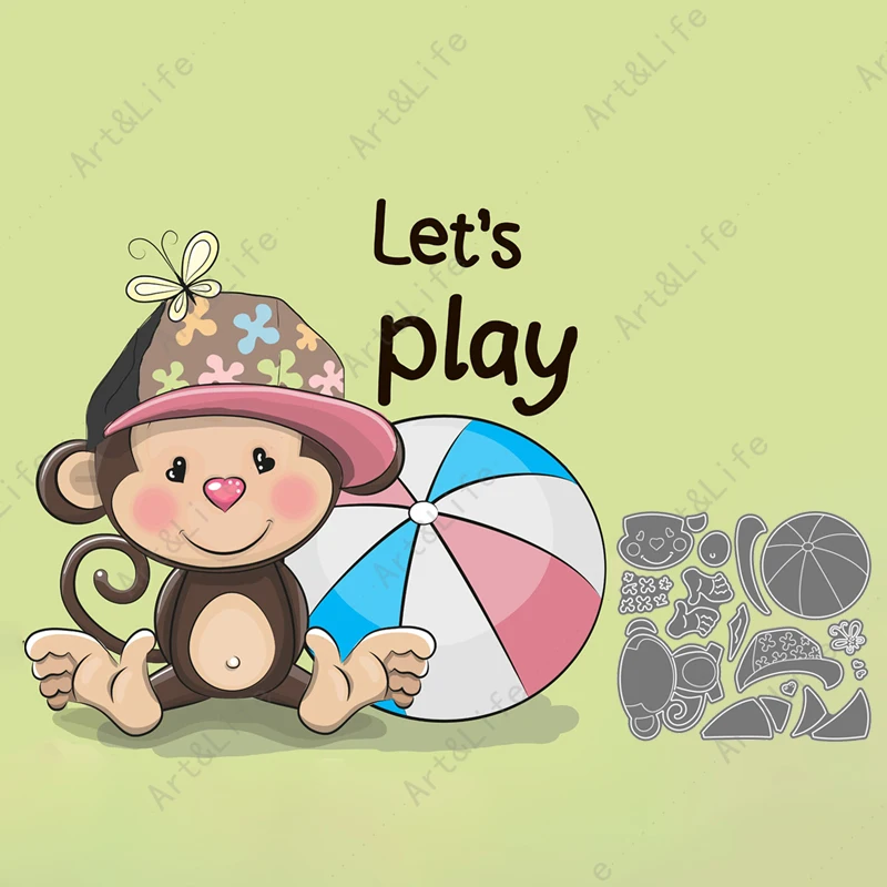 

Hot New Metal Cutting Dies Cute Monkey and Basketball Stencil for Making Scrapbook Album Birthday Paper Cards Embossing Cut Die