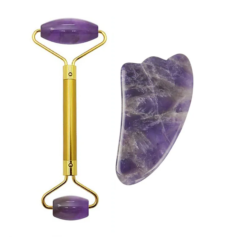 Натуральный Аметист нефритовый ролик фиолетовый кристалл для лица каменный массажер инструмент лифтинга лица Gua Sha массаж кожи красота уход набор коробка - Цвет: whole set no box