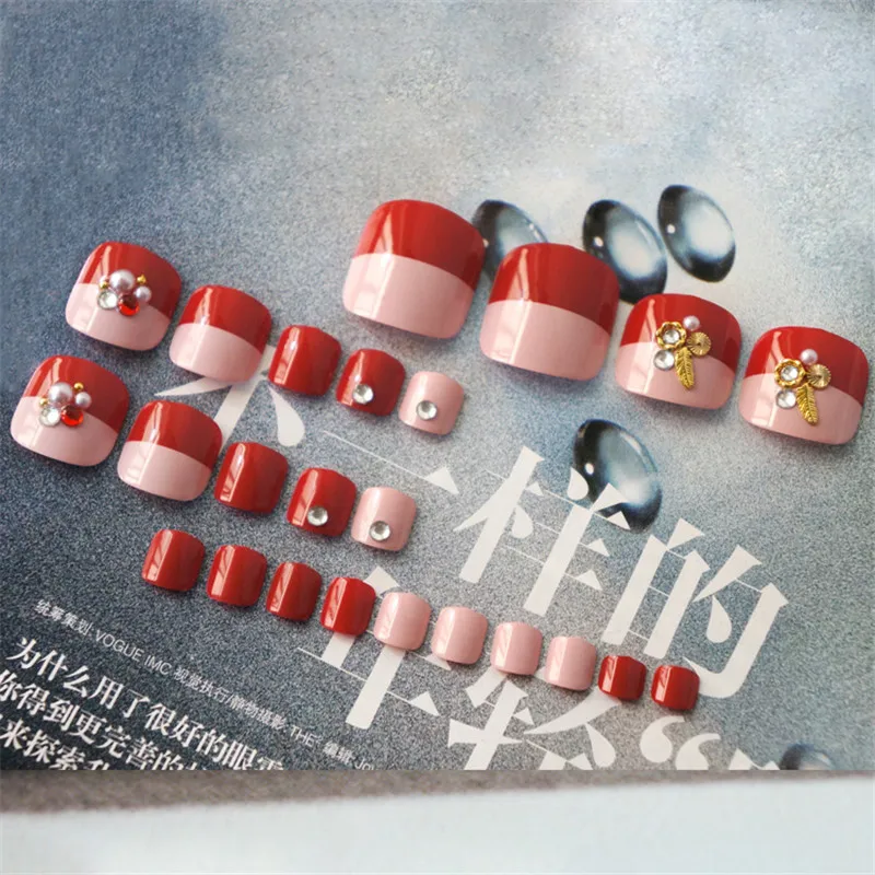 

24Pcs Red with 3D Decoration Toenail Path False Nail Art Short Fake Nails Artificial Toe Nails free glue DIY Foot Beauty Tools