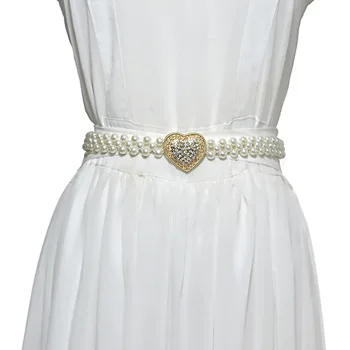 

Elegant Women Pearl Belt Waist Elastic Buckle Chain Belts Dress Strap Elegant Women's Belt Flower Buckle Female Crystal Gift