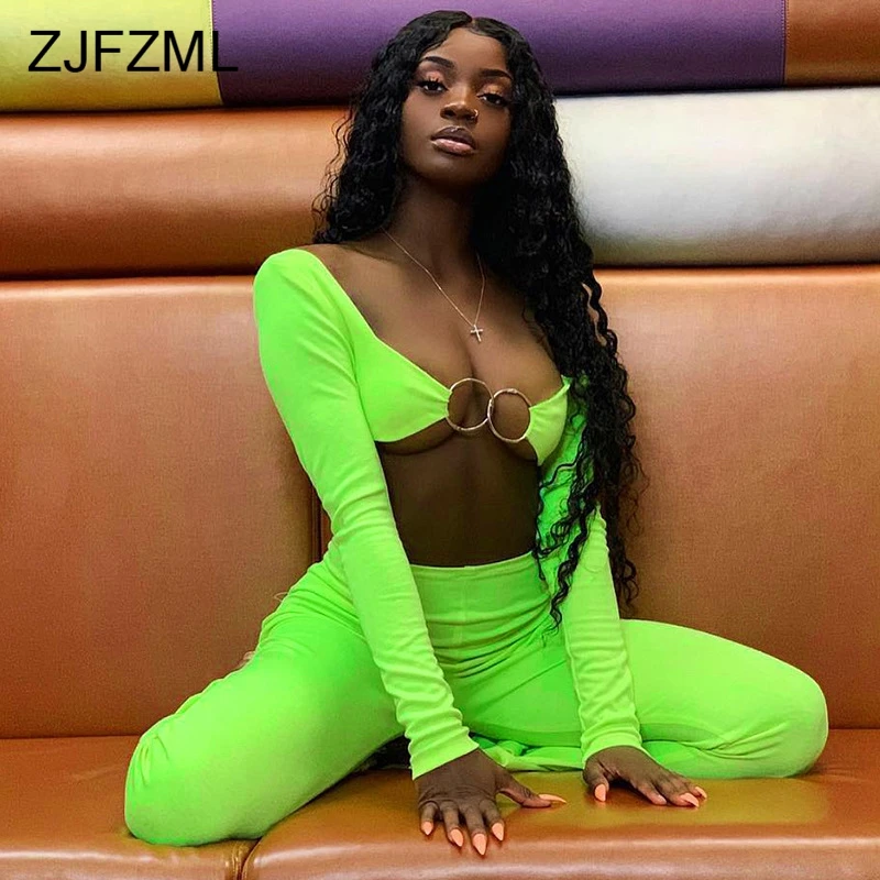 

Ring Buckle Bra Sexy Crop Top Autumn 2019 Hollow Out Neon Green Black Long Sleeve T-shirt Streetwear Party Club Harajuku T Shirt