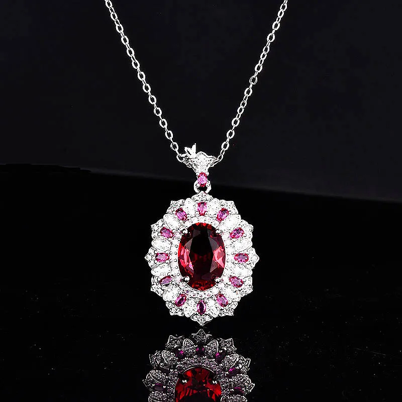 

New Fashion Necklace Europe America Luxury Jewelry Inlay Oval Red Zircon Shiny Full Crystal For Women Wedding High Grade Party