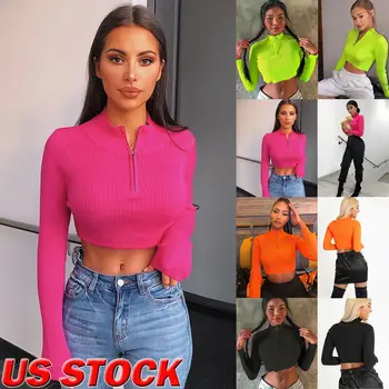 

New Hot Women's Sexy Short Shirt Knitted Zipper Crop Top Long Sleeve Slim Blouse Sheer Solid Color Skinny Tops