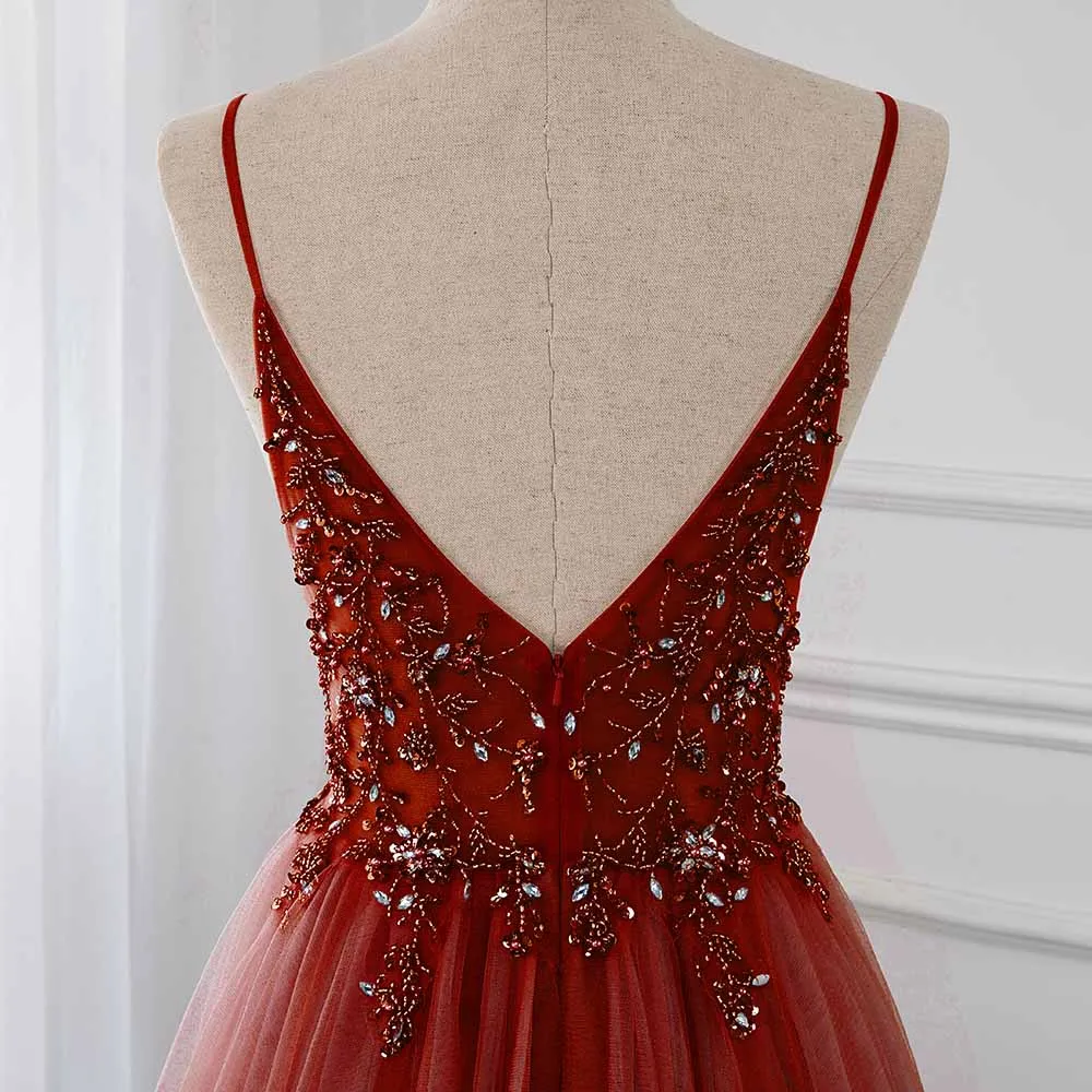 Sweet Wine Red Crystal Long Prom Dresses 2020 Straps Spaghetti Tulle Evening Gown Slit Right YQLNNE