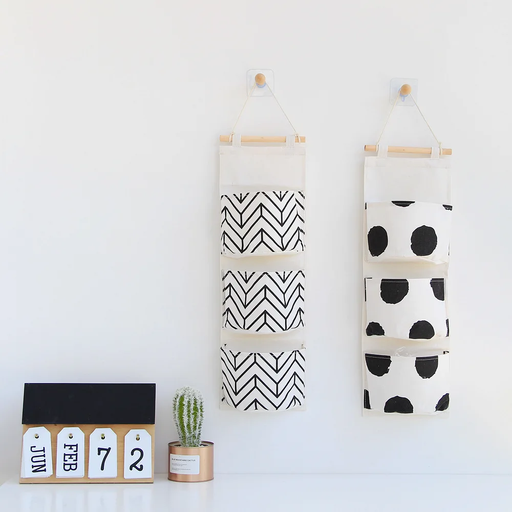 3 Pockets Hanging Storage Bag Wall Mounted Wardrobe Sundries Hanging Bag Container Fabric Cotton Pouch Cosmetic Organizer (5)