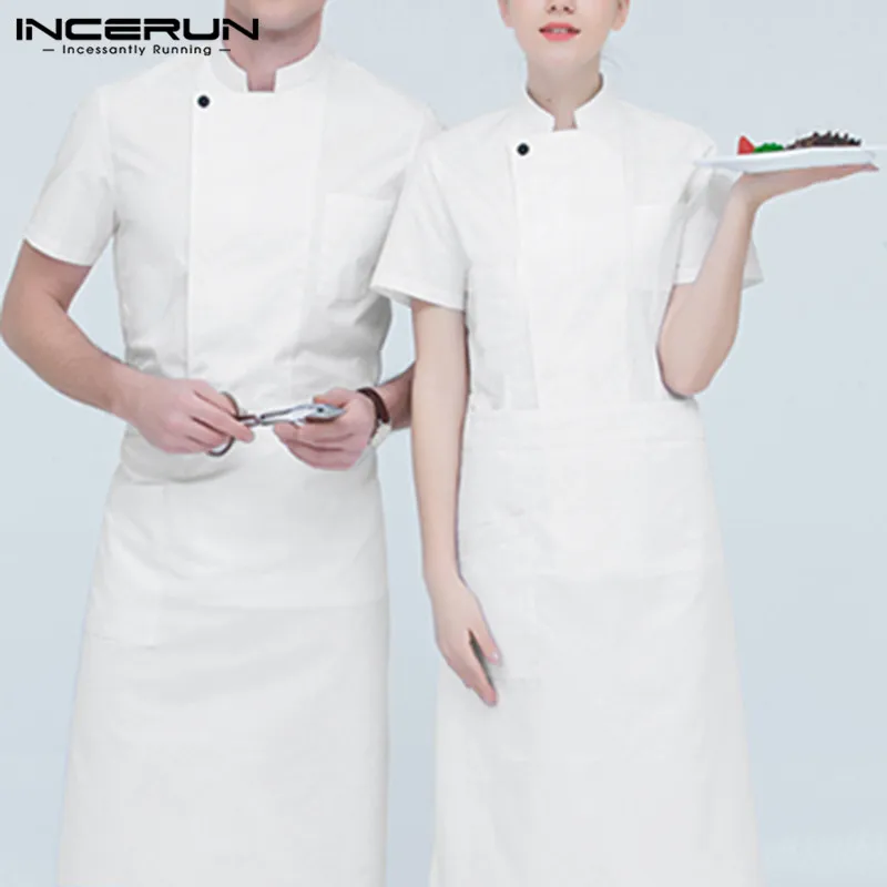 INCERUN, унисекс, униформа для кухни, ресторана, шеф-повара, короткий рукав, однотонный, стоячий воротник, официант, питание, обслуживание, одежда, топы, S-5XL