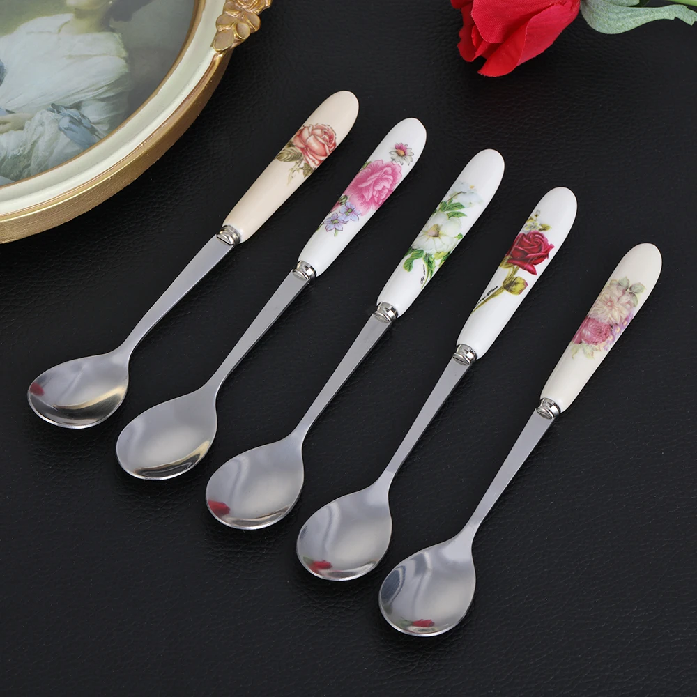 1pc Cute Flowers Stainless Steel Mini Coffee Spoon Kitchen Tea With Long Handle Ceramics Ice Cream Dessert Teaspoon | Дом и сад
