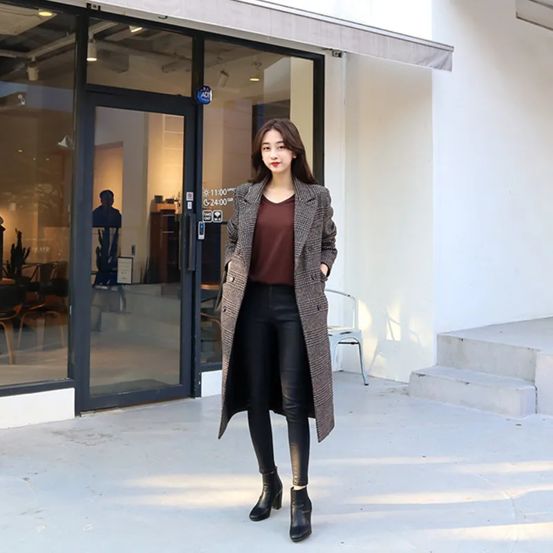 Photo Shoot Winter Korean-style Retro Thousands of Birds Suit Collar Overcoat Women's over-the-Knee Mid-length Slit-Back Woolen