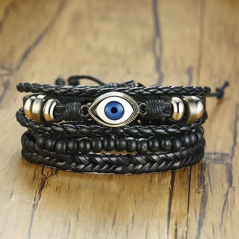 Vnox Mix 4Pcs/ Set Braided Wrap Leather Bracelets for Men Women Vintage Wooden Beads Ethnic Tribal Wristbands Bracelet Rudder - Окраска металла: 452