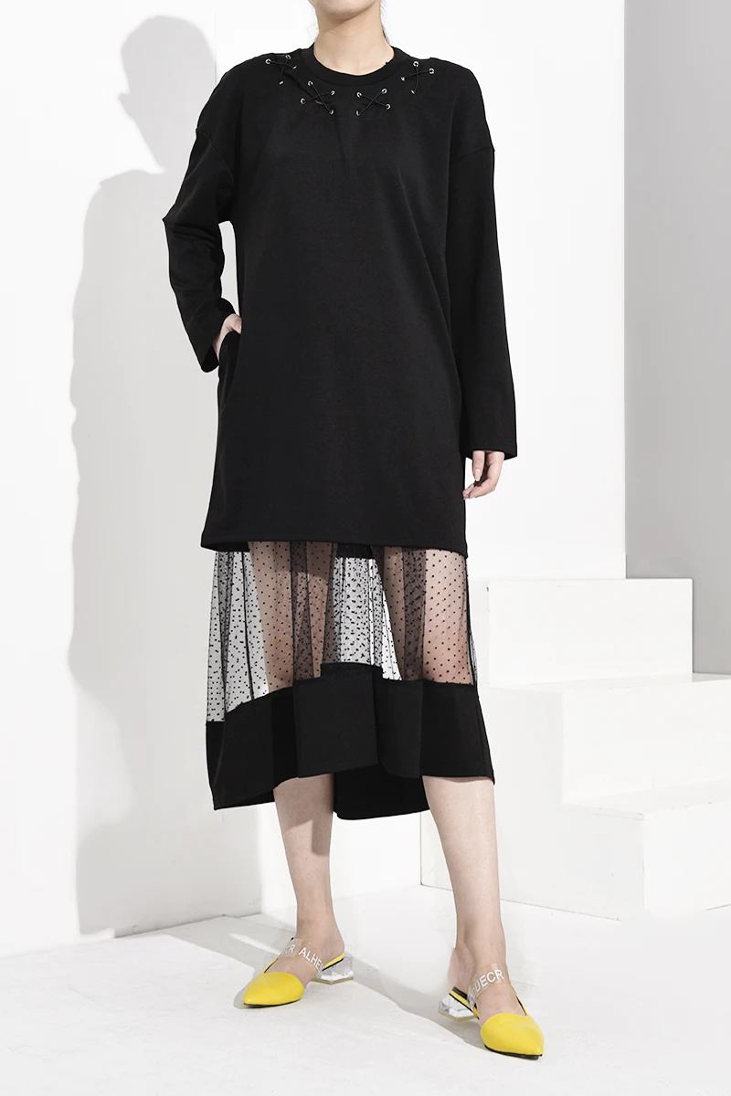 LANMREM Новая модная женская рубашка с длинным рукавом женские толстовки Vestido круглый вырез сетка лоскутное платье пуловер