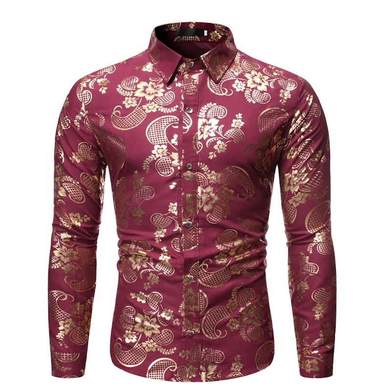 Black Floral Shirt Men Luxury Brand Bronzing Print Mens Dress Shirts Party Wedding Groom Shirt Male Camisa Social Masculina