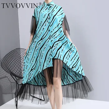 

TVVOVVIN 2020 Summer New Dress Wesh Casual Loose Large Size Print Patchwork Single Breasted A-line Asymmetry Streetwear A259