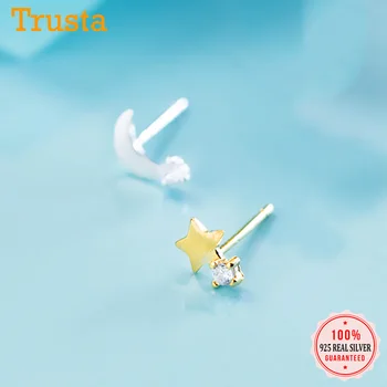 

Trusta 100% 925 Real Sterling Silver Women Jewelry Tiny Asymmetric Gold Silver Moon Star Stud Earrings For Daughter Girls DS630
