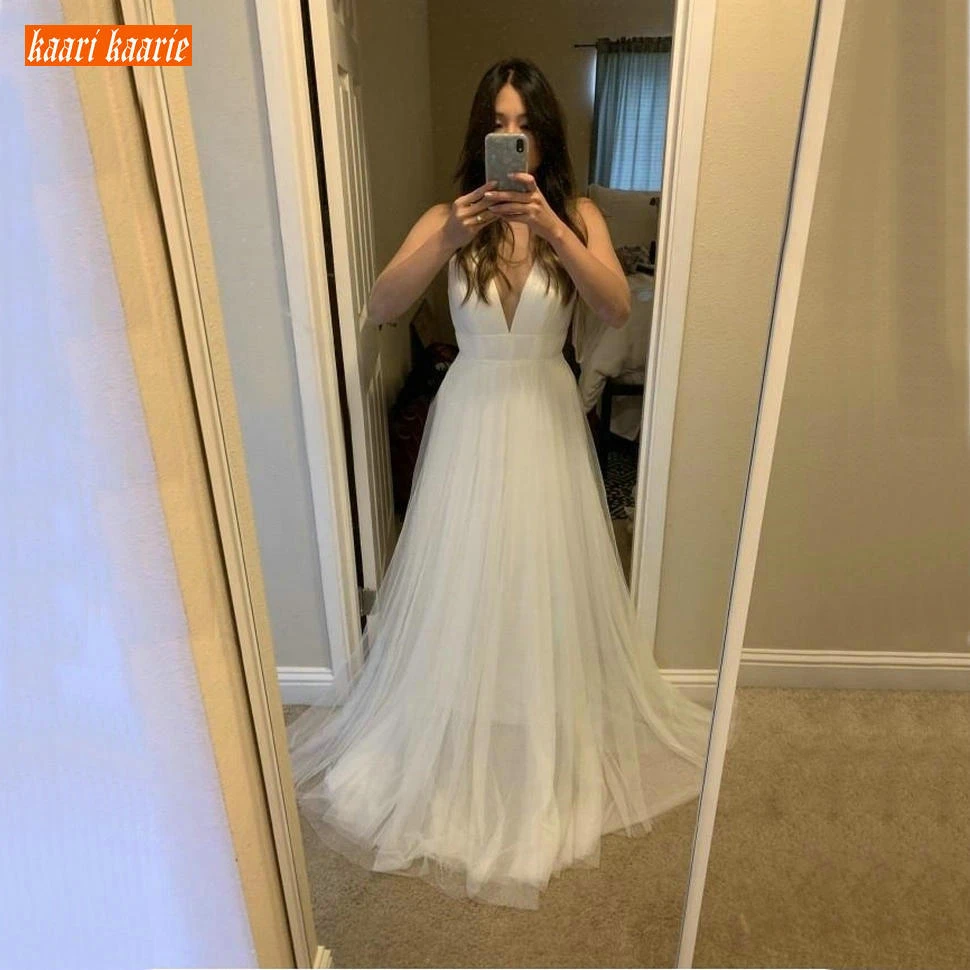 

Simple Deep V Neck Wedding Gowns Long Satin Tulle A Line Bridal Dresses Slim fit Modern Garden Beach Customized Wedding Dress