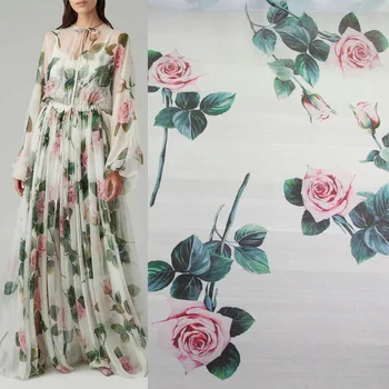 

100X145cm White Back Rose Printed Thin Chiffon Fabric for Woman Girl Summer Long Dress Blouse Silk scarf DIY Sewing