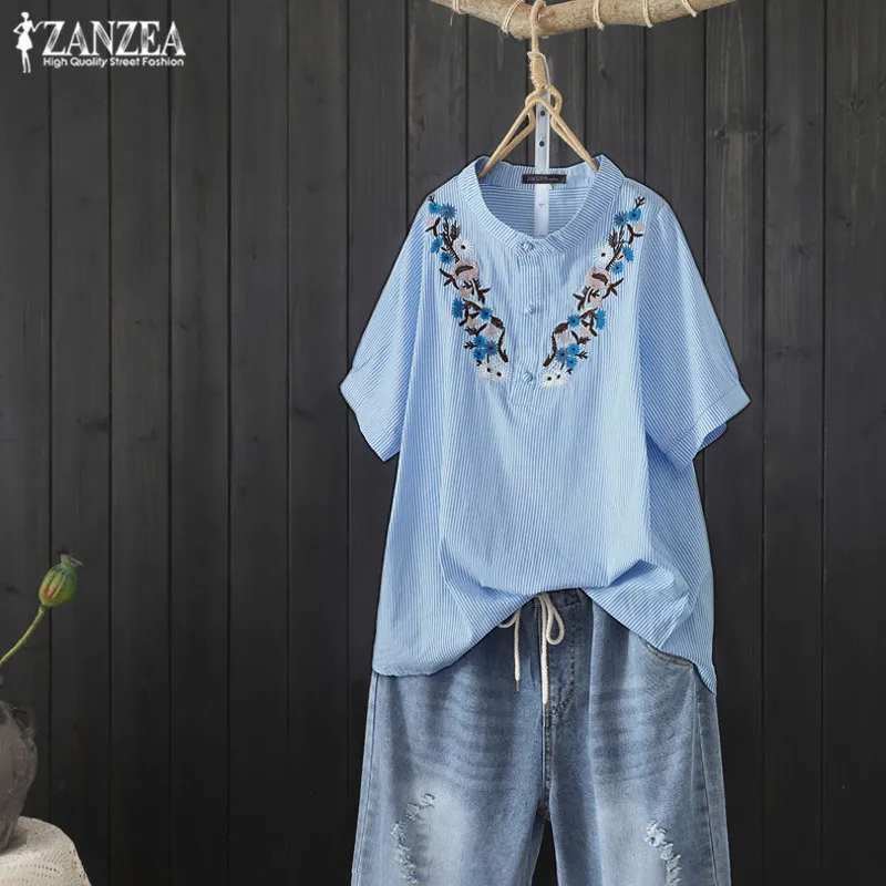 

Women's Embroidery Blouse 2019 ZANZEA Elegant Striped Tops Casual Short Sleeve Tee Shirts Female Button Floral Blusas Plus Size