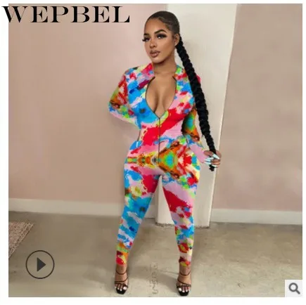 

WEPBEL Autumn Fashion Skinny Printed Jumpsuit Women's Casual Long Sleeve Zipper High Waist Pencil Jumpsuit