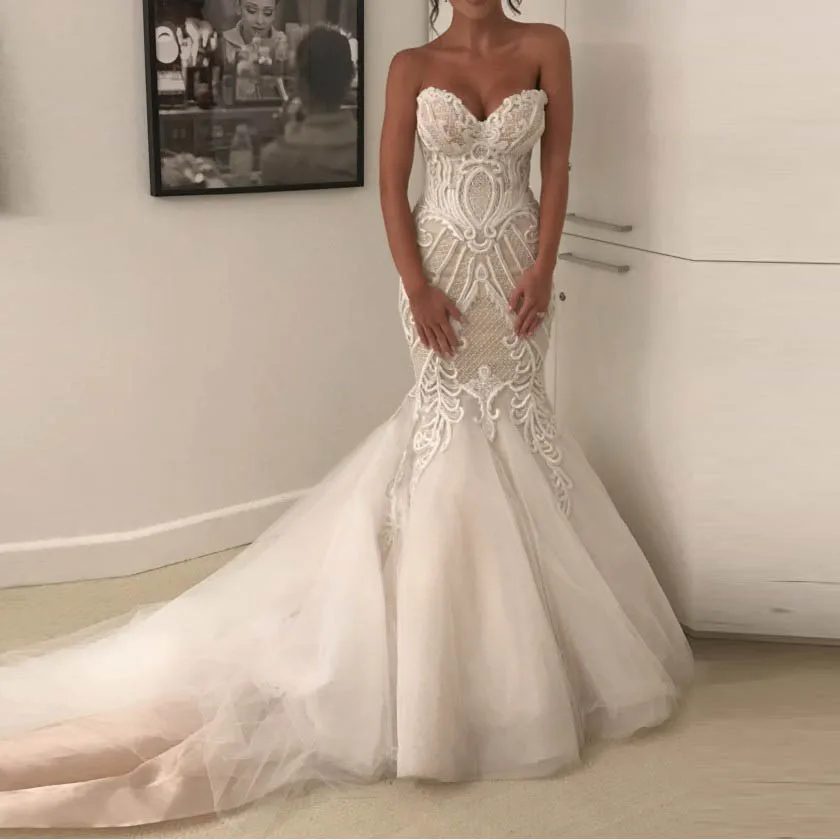 

Romantic 3D Lace Mermaid Bridal Dresses Off The Shoulder Long Pretty Wedding Gowns Robe De Mariage 2019