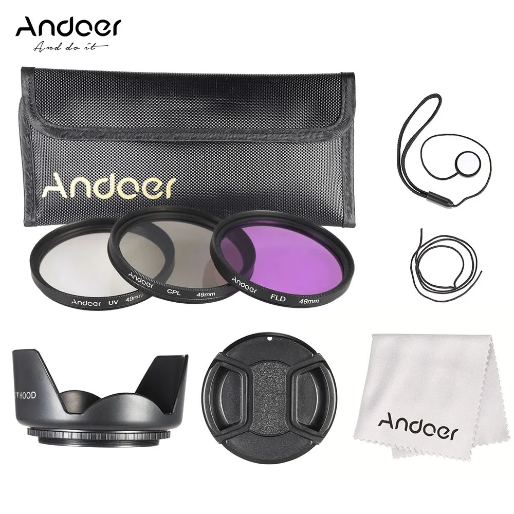 Набор фильтров Andoer 49 мм(UV+ CPL+ FLD)+ нейлоновый чехол для переноски+ крышка объектива+ держатель крышки объектива+ бленда+ салфетка для очистки объектива