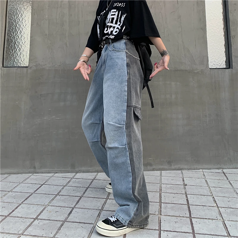 

Harajuku Leisure Patchwork Jeans Woman Trousers Splicing High Waist Loose Causal Straight summer clothes for women 2020 fashion
