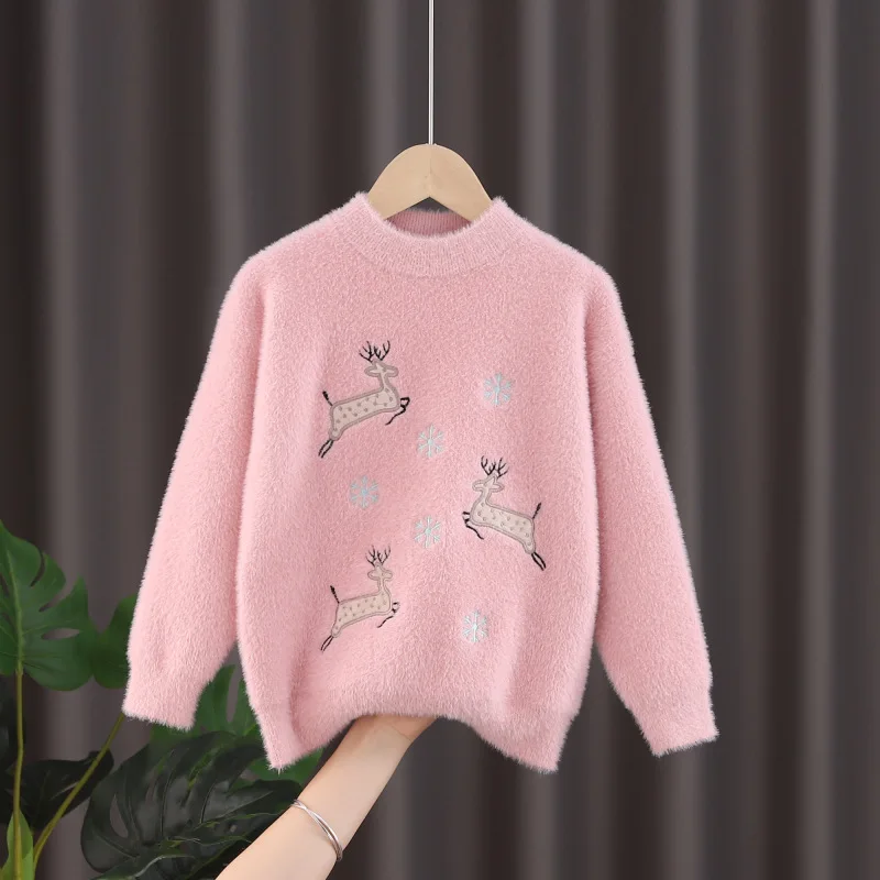 

Embroidery Sweaters for Girls Autumn Winter Warm Knitwear Cartoon Deer Faux Mink Velvet wool Sweater Childrens knitted pullovers