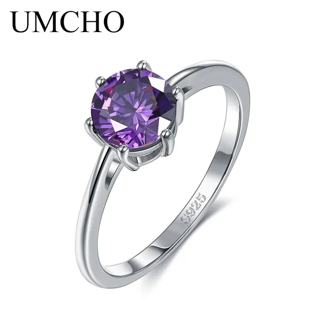 UMCHO Elegant Real 925 Sterling Silver Wedding Rings Zircon Ring for Women Charms Luxury Festival Party Fine Jewelry Female Purple