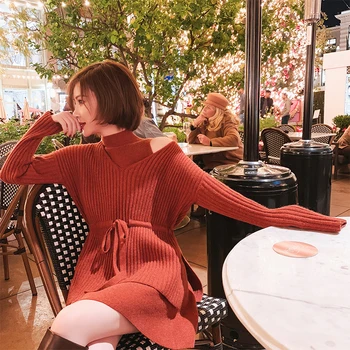 

Autumn Women's Solid Two Piece Sweater Dress Set Knit Sexy off shoulder Long Sleeve Pullover Tops and Short Tank Dress Twinset