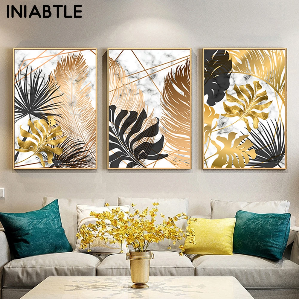 Modern Abstract Golden Leaf Canvas Painting Wall Art Poster Print Decorative 