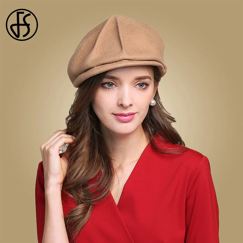 FS Wool Women Beret Autumn Winter Warm Woolen Beret Cap Stylish Artist Painter Newsboy Caps Black Wine Red Casual Hats