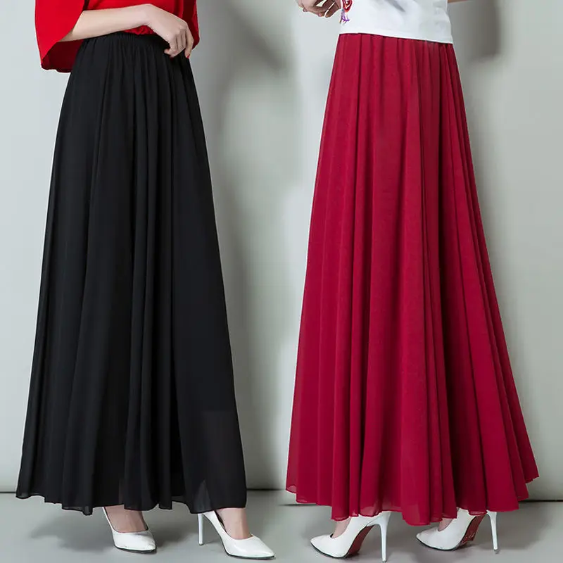 New Summer Chiffon Skirts Plus Size Full-Length Skirt High Waist Elegant Dance Skirt Pink Black Red Navy Blue White Long Skirts leather skirt