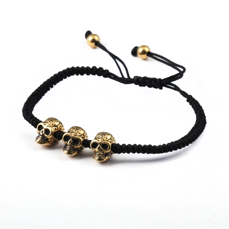 

10pcs BC Handmade Weave Retro Punk Style Charm Bracelet gold skull bracelet Black rope northskull bracelet men bracelet